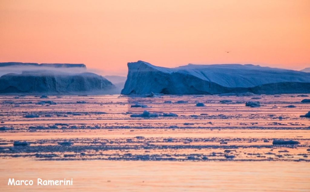 Midnight sun lights, Disko Bay, Greenland. Author and Copyright Marco Ramerini